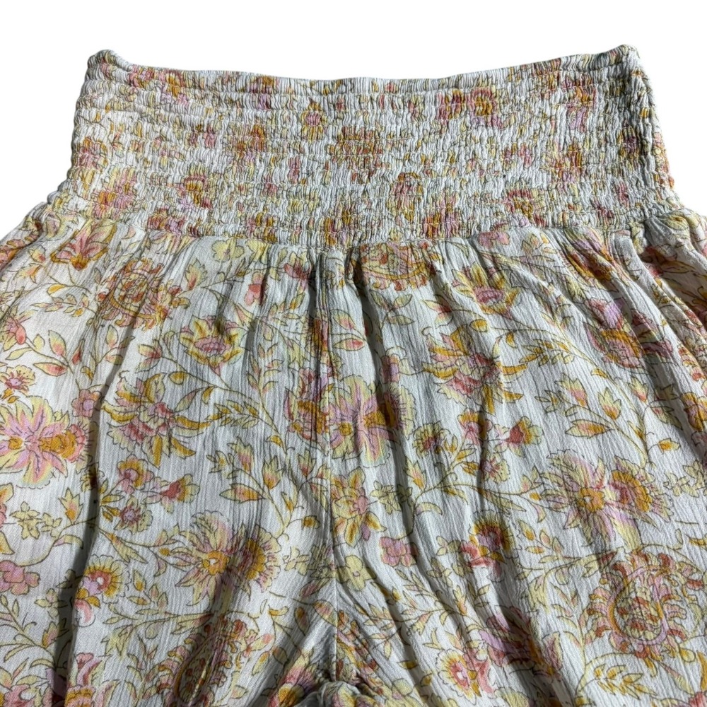 Billabong Floral Wide Leg Pants M Gold Pink Smocked Waist Crinkle Gauze Flare - Picture 3 of 6